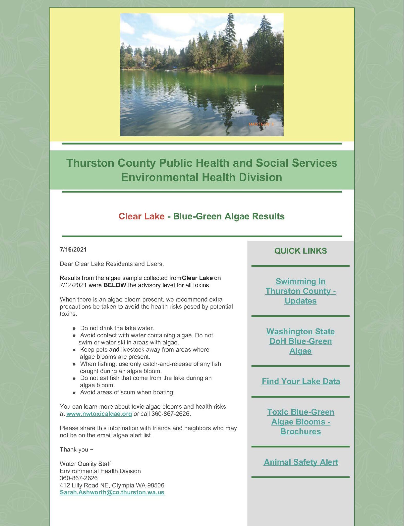 Clear Lake Algae Results Clearwood Community Association